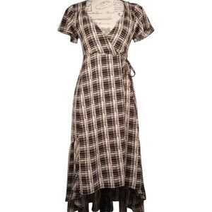 URBAN OUTFITTERS Women's Cream & Black Plaid Flowy Wrap Hi-Lo‎ Midi Dress XS-TP